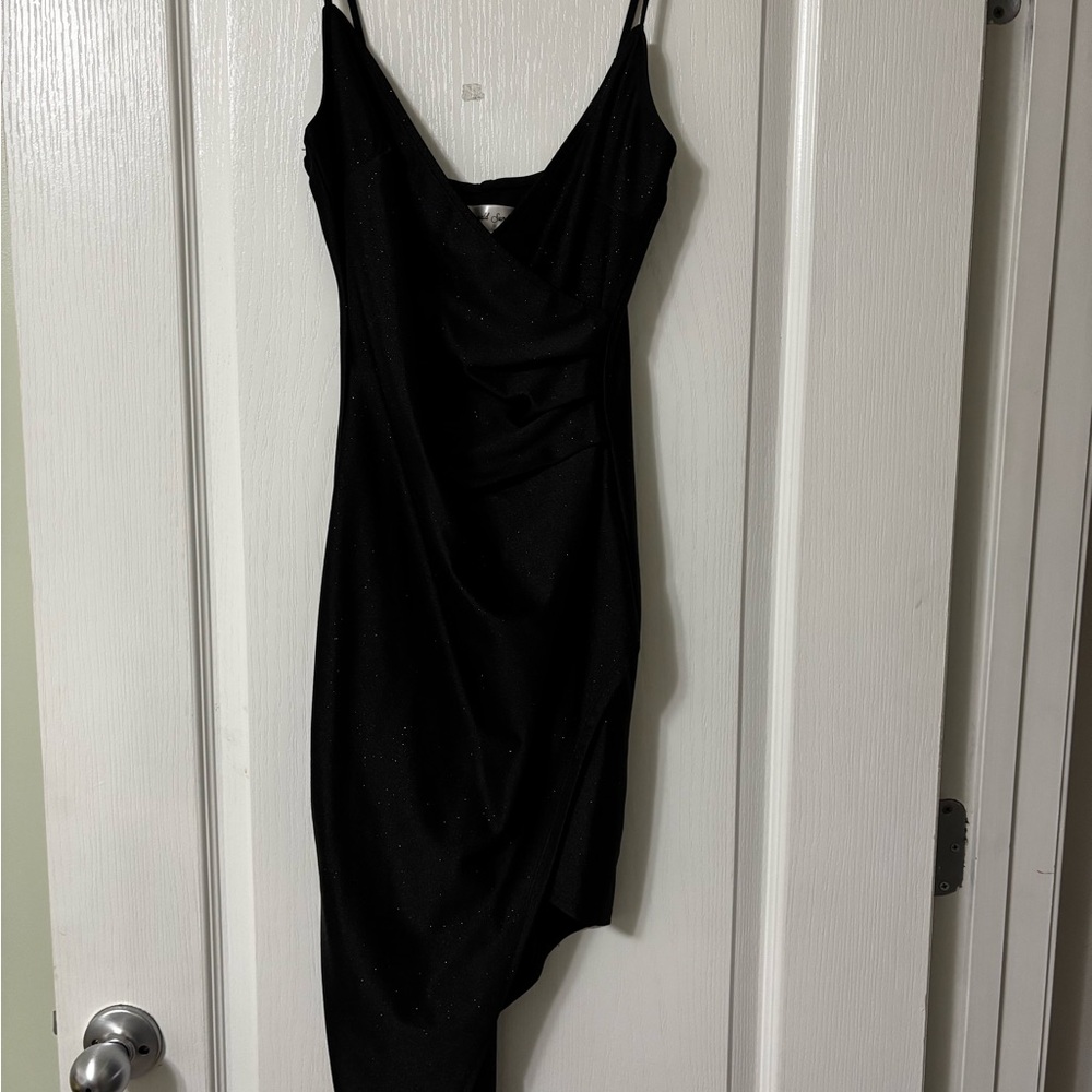 Emerald Sundae Black Asymmetrical Sparkling Dress with adjustable straps.